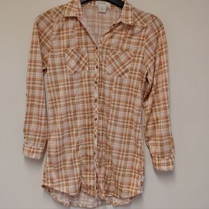 Passport Girl Burnt Orange Plaid Buton Down Blouse Shirt Size 12